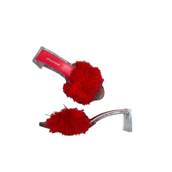 JEFFREY CAMPBELL Luxuries Feather Sandal Acrylic Heels Red Genuine Feathers 11 - Picture 3 of 15